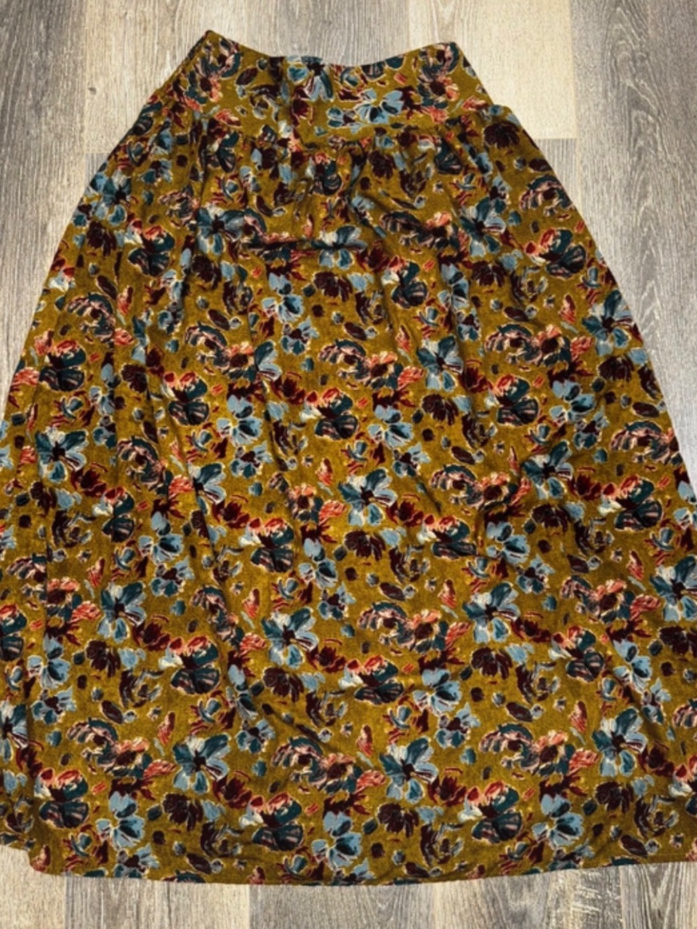 NATURAL LIFE Mustard Floral Maxi Skirt with Blue and Burgundy Accents